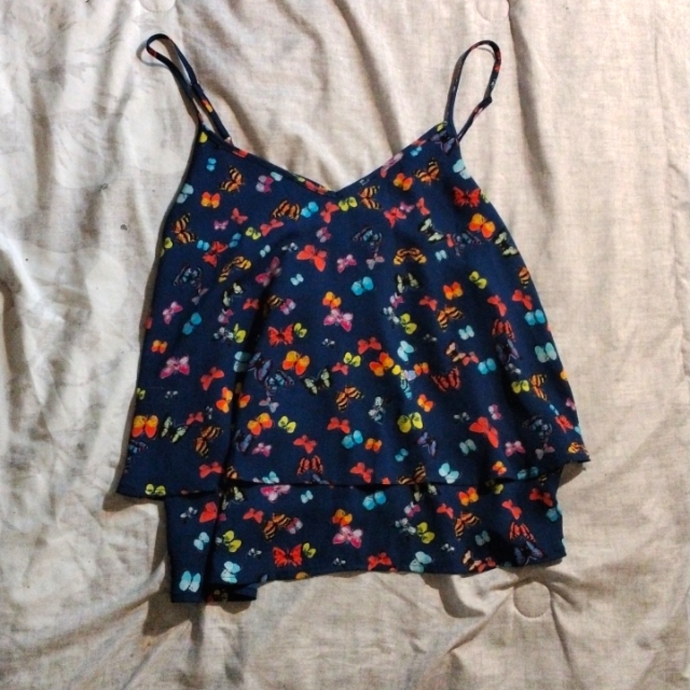 Spaghetti strap, navy blue, and multi-colored butterfly tank top by L'amour